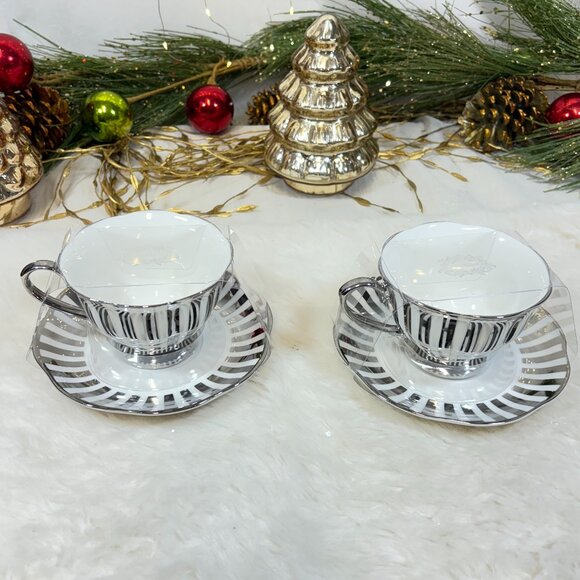 Kent Pottery Porcelain Silver White Stripe Holiday Chic Tea Cups & Saucers 4 PC - Picture 2 of 6